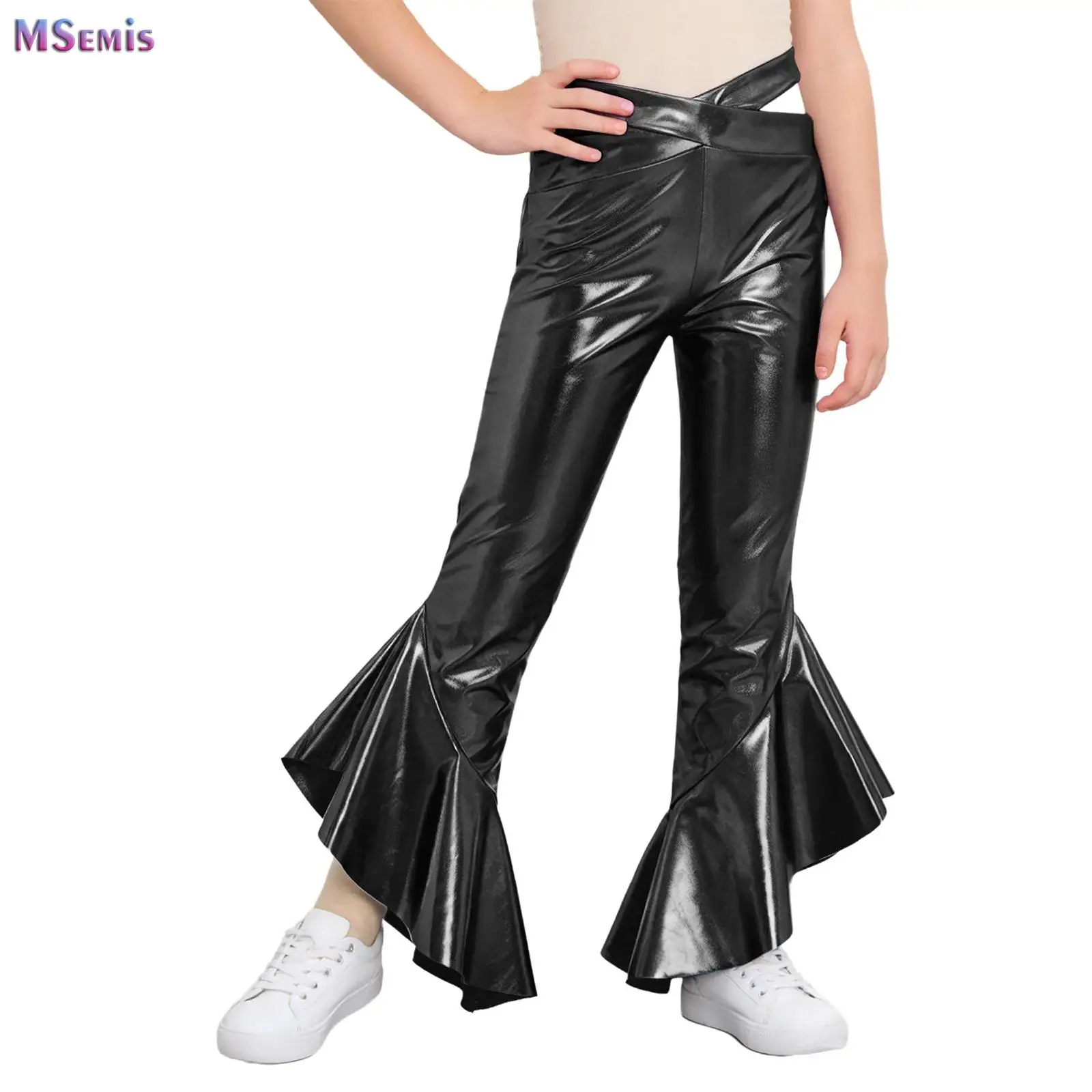 Metallic Flared Pants for Kids Girls Cross Waistband Ruffles Bell-Bottom Trousers Child Clothing Disco Dance Theme Party Stage
Metallic Flared Pants for Kids Girls Cross Waistband Ruffles Bell-Bottom Trousers Child Clothing Disco Dance Theme Party Stage