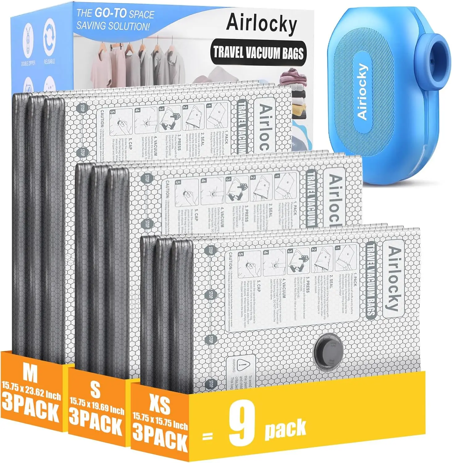 Travel Vacuum Storage Bags 9 Pack with Electric Pump Save 80 Space for Clothes Luggage
Travel Vacuum Storage Bags 9 Pack with Electric Pump Save 80 Space for Clothes Luggage