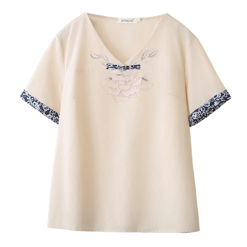 2026 Summer Plus Size Ethnic Style Printed Cotton T-Shirt Women V Neck Frog Button Short Sleeve Tops For Curvy Ladies 2601
2026 Summer Plus Size Ethnic Style Printed Cotton T-Shirt Women V Neck Frog Button Short Sleeve Tops For Curvy Ladies 2601