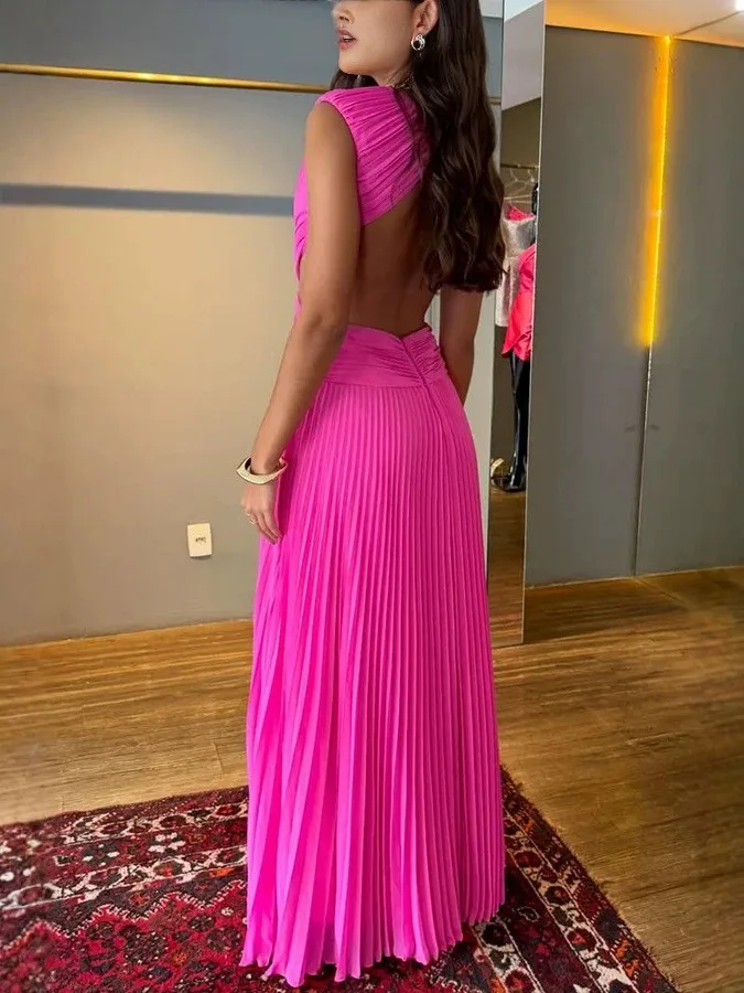 Solid Pink Maxi Dress Pleated Sleeveless Backless Design High Waist Floor Length Long Fitted Ruched Skirt with Side Cutout
Solid Pink Maxi Dress Pleated Sleeveless Backless Design High Waist Floor Length Long Fitted Ruched Skirt with Side Cutout