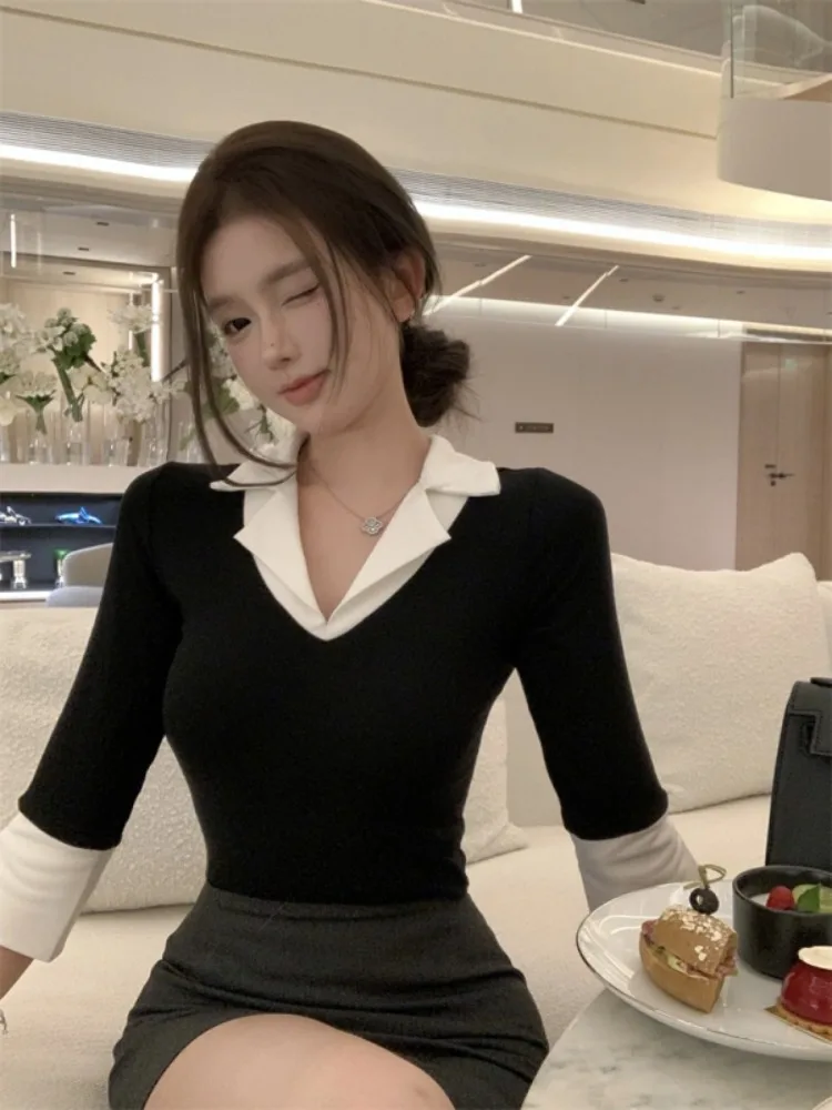 Korean Style Slim Fit Casual Shirt Collar Seven Quarter Sleeve White Black Patchwork Fake Two-Piece Women's Top Elegant
Korean Style Slim Fit Casual Shirt Collar Seven Quarter Sleeve White Black Patchwork Fake Two-Piece Women's Top Elegant