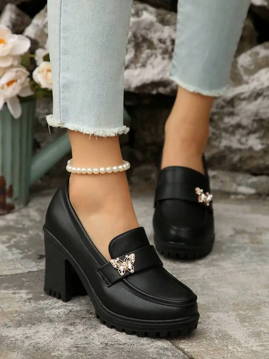 Womens Black Loafers With Butterfly Embellishment And Pearl Anklet, Chunky Heel Slip-On Shoes
Womens Black Loafers With Butterfly Embellishment And Pearl Anklet, Chunky Heel Slip-On Shoes