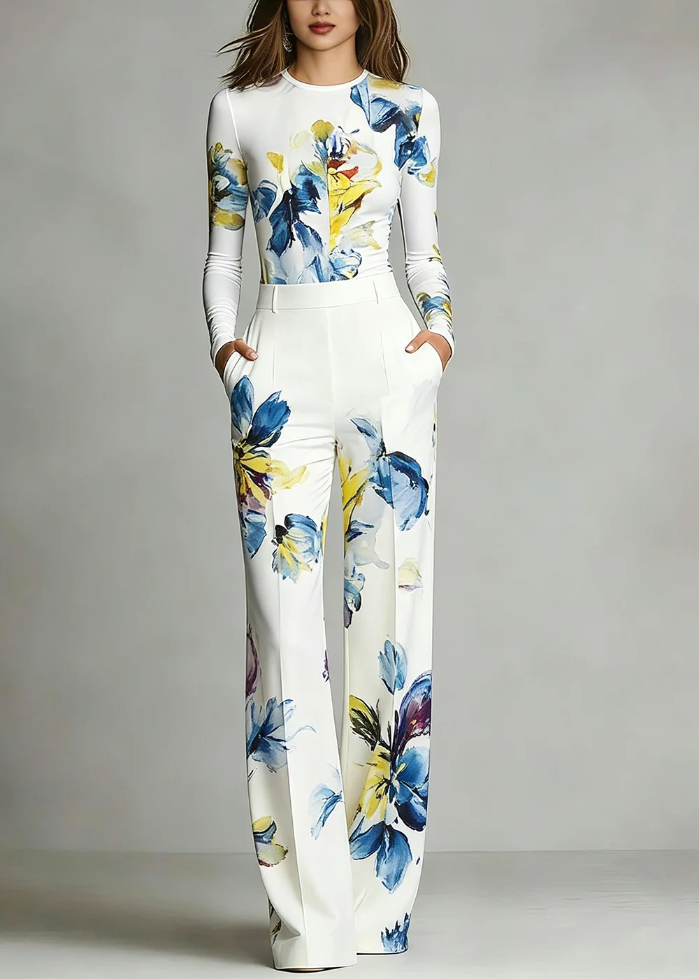 Women's Multi Color Floral 2 Piece Set Long Sleeve Crew Neck T-Shirt High Waist Straight Leg Trousers Casual Versatile Clothing
Women's Multi Color Floral 2 Piece Set Long Sleeve Crew Neck T-Shirt High Waist Straight Leg Trousers Casual Versatile Clothing