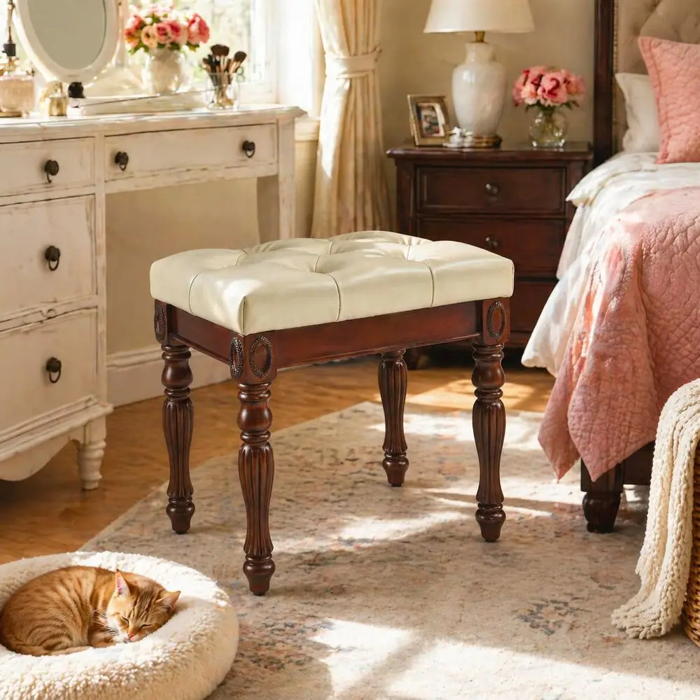 Upholstered Vanity Bench with Solid Wood Legs, Button-Tufted Seat, Easy Assembly, Cherry and Walnut Finish, Beige D1533BG
Upholstered Vanity Bench with Solid Wood Legs, Button-Tufted Seat, Easy Assembly, Cherry and Walnut Finish, Beige D1533BG