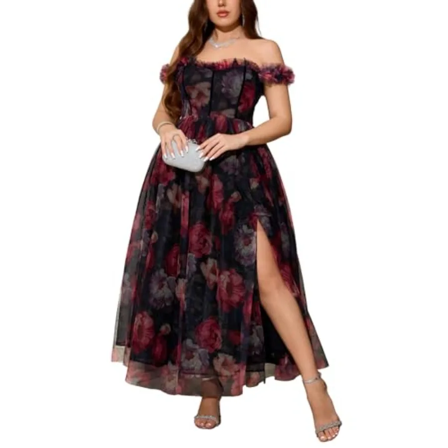 Women's Plus Size Formal Party Cocktail Dress, Wedding Guest Evening Gown with Slit - Off Shoulder Floral Tulle Maxi Dress
Women's Plus Size Formal Party Cocktail Dress, Wedding Guest Evening Gown with Slit - Off Shoulder Floral Tulle Maxi Dress