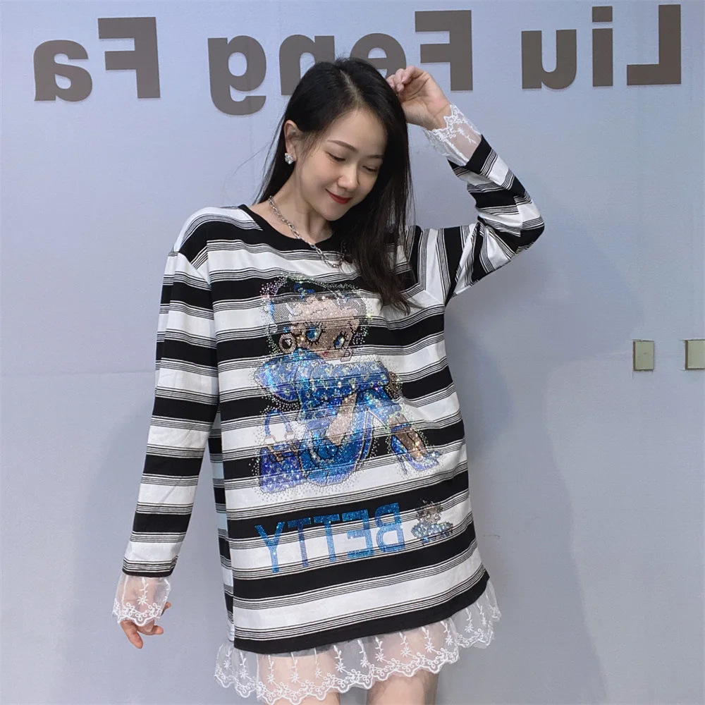 Oversized Long Sleeve Striped T Shirt Women Knitwear Diamonds Casual Pullover O Neck Lace Side Loose T-shirts Женская Одежда
Oversized Long Sleeve Striped T Shirt Women Knitwear Diamonds Casual Pullover O Neck Lace Side Loose T-shirts Женская Одежда