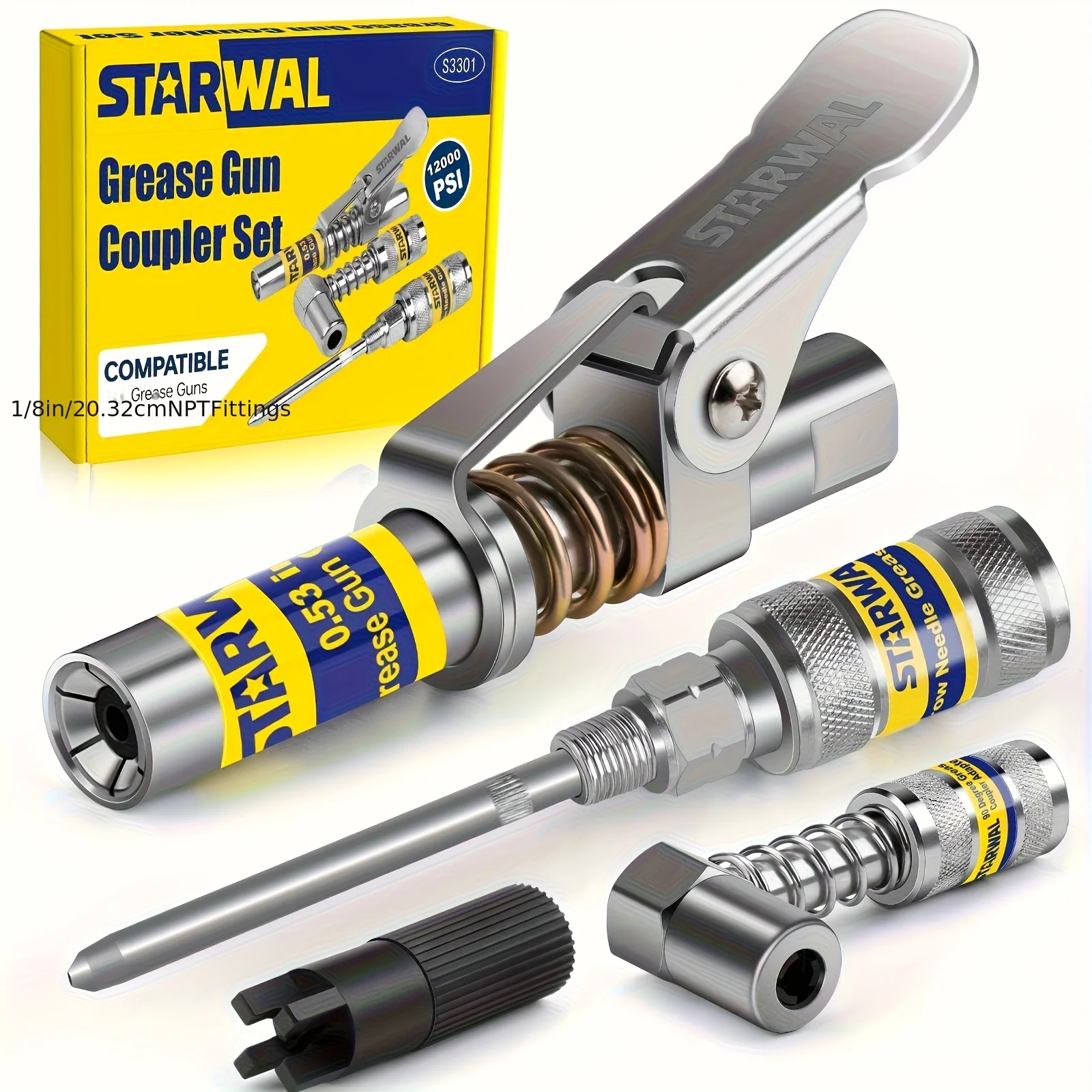STARWAL Grease Gun Coupler Set, 0.53" Grease Tips with 90° Adaptor & Cleaning Tools, 12000 PSI, Dual-Gear Labor-Saving Design, Compatible with All 1/8" NPT Grease Guns
STARWAL Grease Gun Coupler Set, 0.53" Grease Tips with 90° Adaptor & Cleaning Tools, 12000 PSI, Dual-Gear Labor-Saving Design, Compatible with All 1/8" NPT Grease Guns