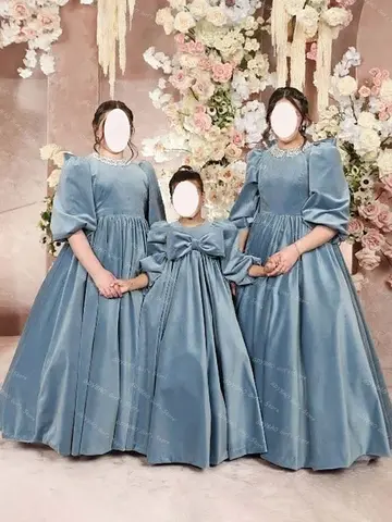 Velvet Pleated Princess Flower Girl Dress Bow Balloon Sleeve Bridesmaid Dress Custom Made Puffy Communion Birthday Party Gown