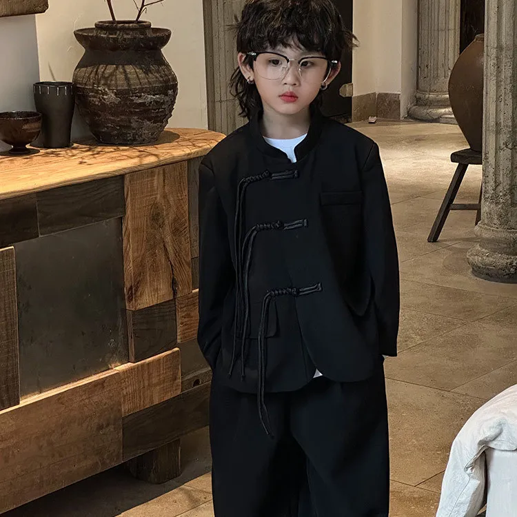Children's wear Chinese style Tang suit 2024 Chinese black jacket pants 2 sets kids boutique clothes
Children's wear Chinese style Tang suit 2024 Chinese black jacket pants 2 sets kids boutique clothes