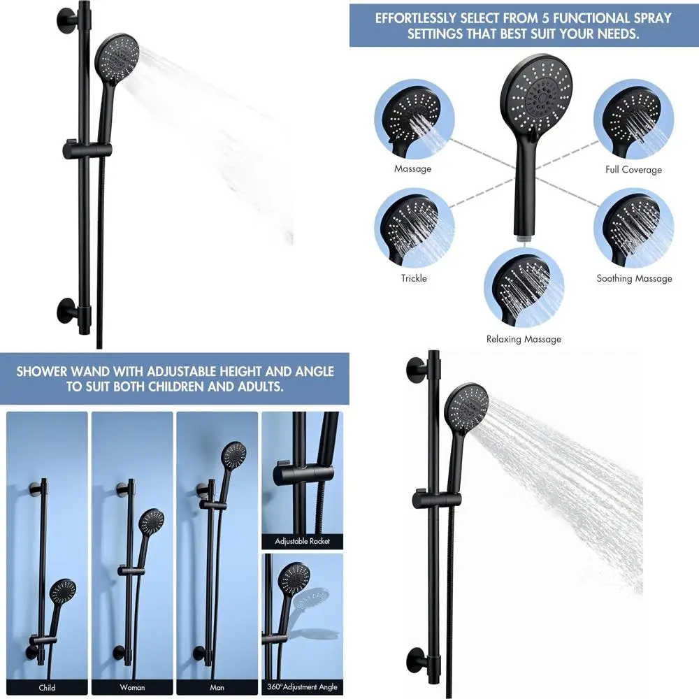 Matte Black 5-Function Handheld Shower with Adjustable Slide Bar and Extension Hose
Matte Black 5-Function Handheld Shower with Adjustable Slide Bar and Extension Hose