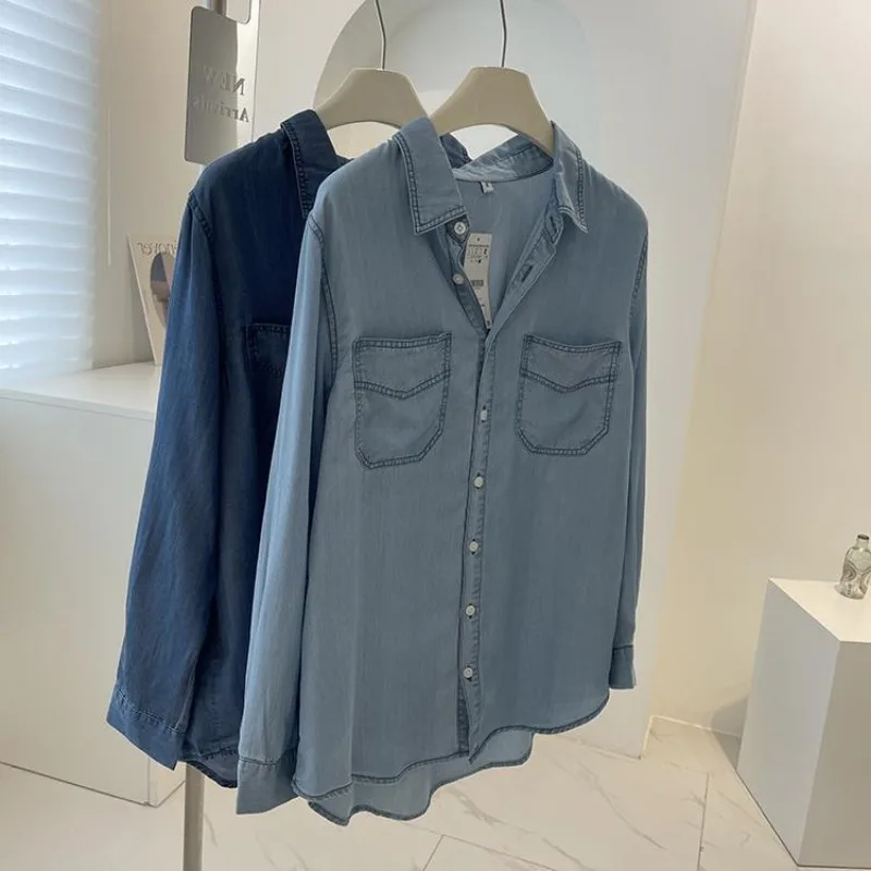 New Solid Color Vintage Denim Shirt Women Mid-Length Double Pocket Loose Fit Long Sleeve Commute Casual Style Women Top
New Solid Color Vintage Denim Shirt Women Mid-Length Double Pocket Loose Fit Long Sleeve Commute Casual Style Women Top