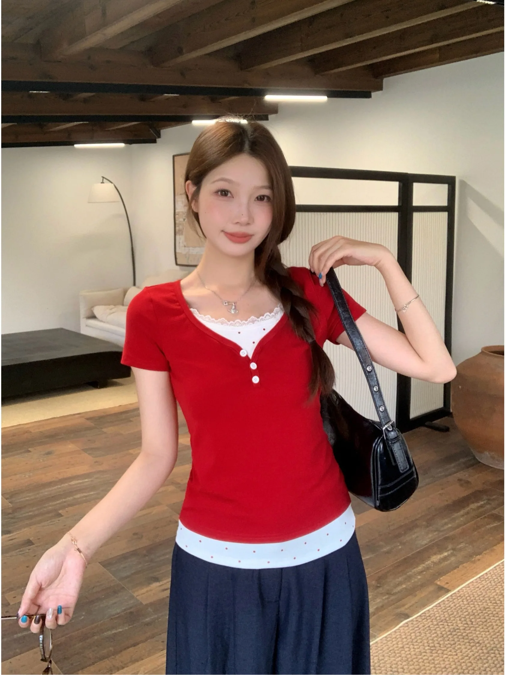 plus Size Women's Sweet Spicy Style Short Sleeve T-Shirt Lace Polka Dot Slimming Fashionable Summer Top Korean Style round Neck
plus Size Women's Sweet Spicy Style Short Sleeve T-Shirt Lace Polka Dot Slimming Fashionable Summer Top Korean Style round Neck