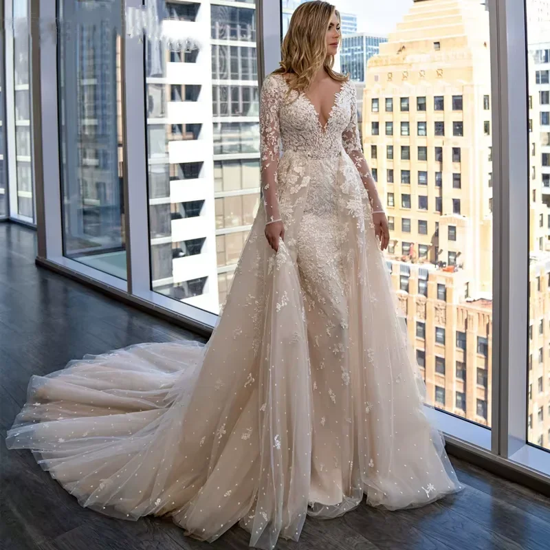 Elegant Long Sleeve V-neck Mermaid Wedding Dress 2-in-1 Detachable Tail Robe Lace Decal Sweep Train Bridal Dress Customized
Elegant Long Sleeve V-neck Mermaid Wedding Dress 2-in-1 Detachable Tail Robe Lace Decal Sweep Train Bridal Dress Customized