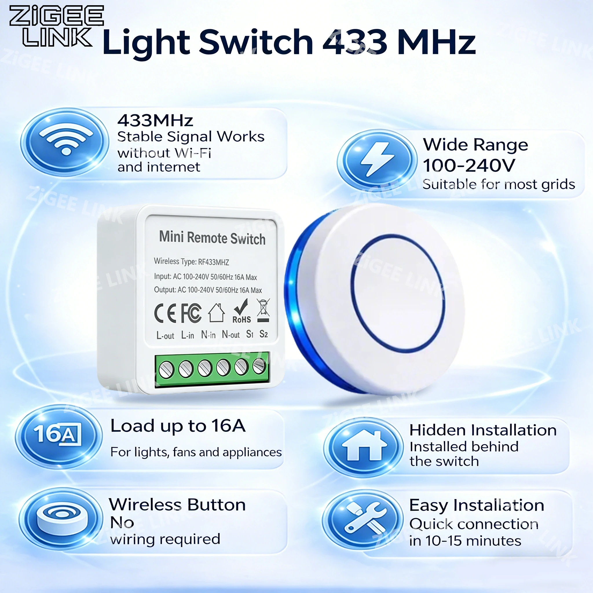RF 433MHz Wireless 16A Relay Receiver Remote Control Light Switch 100-240V Mini Round Button Wall Panel Switch For LED Lamp
RF 433MHz Wireless 16A Relay Receiver Remote Control Light Switch 100-240V Mini Round Button Wall Panel Switch For LED Lamp