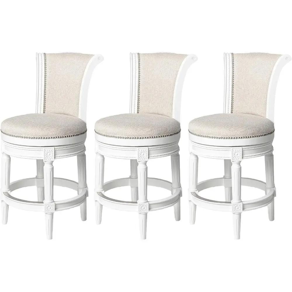 26 Swivel Bar Stools Set of 3 - White Wooden with Natural Fabric Seat - Ideal for Kitchen Islands & Counters
26 Swivel Bar Stools Set of 3 - White Wooden with Natural Fabric Seat - Ideal for Kitchen Islands & Counters