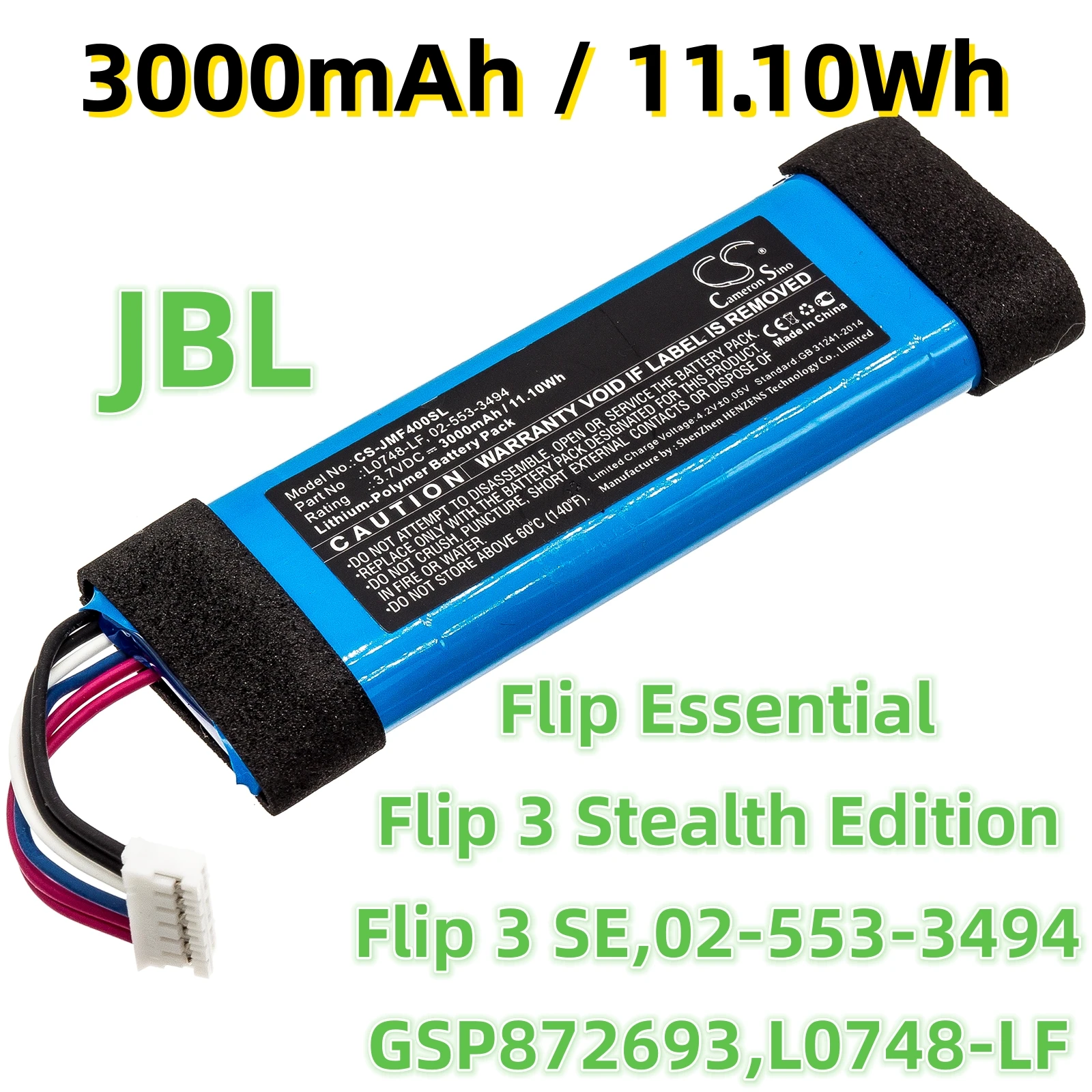 Replacement Battery for JBL:Flip Essential,Flip 3 Stealth Edition,Flip 3 SE,02-553-3494,GSP872693,L0748-LF,Speaker-3000mAh
Replacement Battery for JBL:Flip Essential,Flip 3 Stealth Edition,Flip 3 SE,02-553-3494,GSP872693,L0748-LF,Speaker-3000mAh