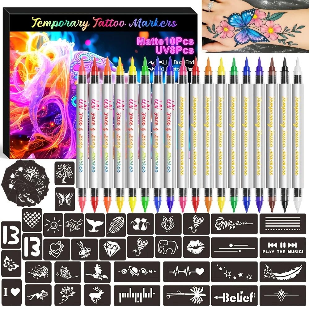 18-Color Double-Ended Tattoo Pen + 72 Tattoo Stencils Set, Double-End Design DIY Temporary Tattoo Markers, Long-Lasting & Durabl
18-Color Double-Ended Tattoo Pen + 72 Tattoo Stencils Set, Double-End Design DIY Temporary Tattoo Markers, Long-Lasting & Durabl