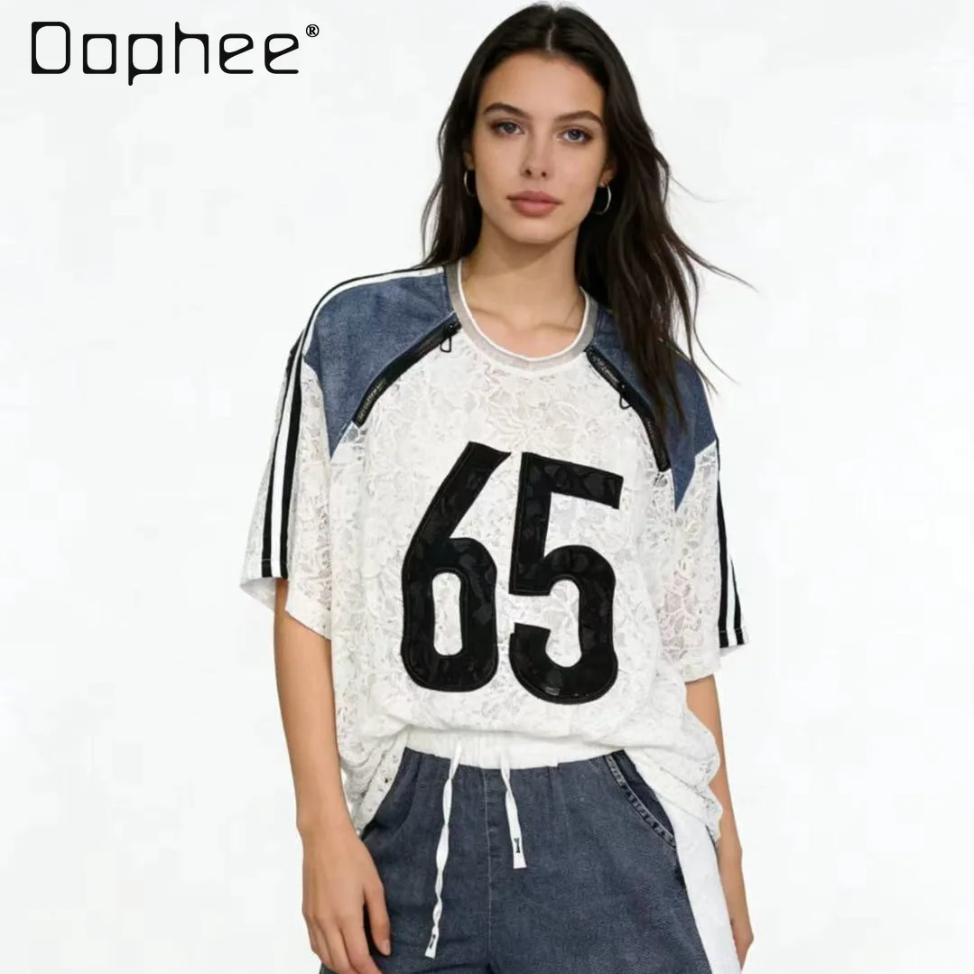 European Trend T-shirt Women's 2026 Summer New Denim Lace Splicing Zipper Digital Design Short-sleeved Top
European Trend T-shirt Women's 2026 Summer New Denim Lace Splicing Zipper Digital Design Short-sleeved Top