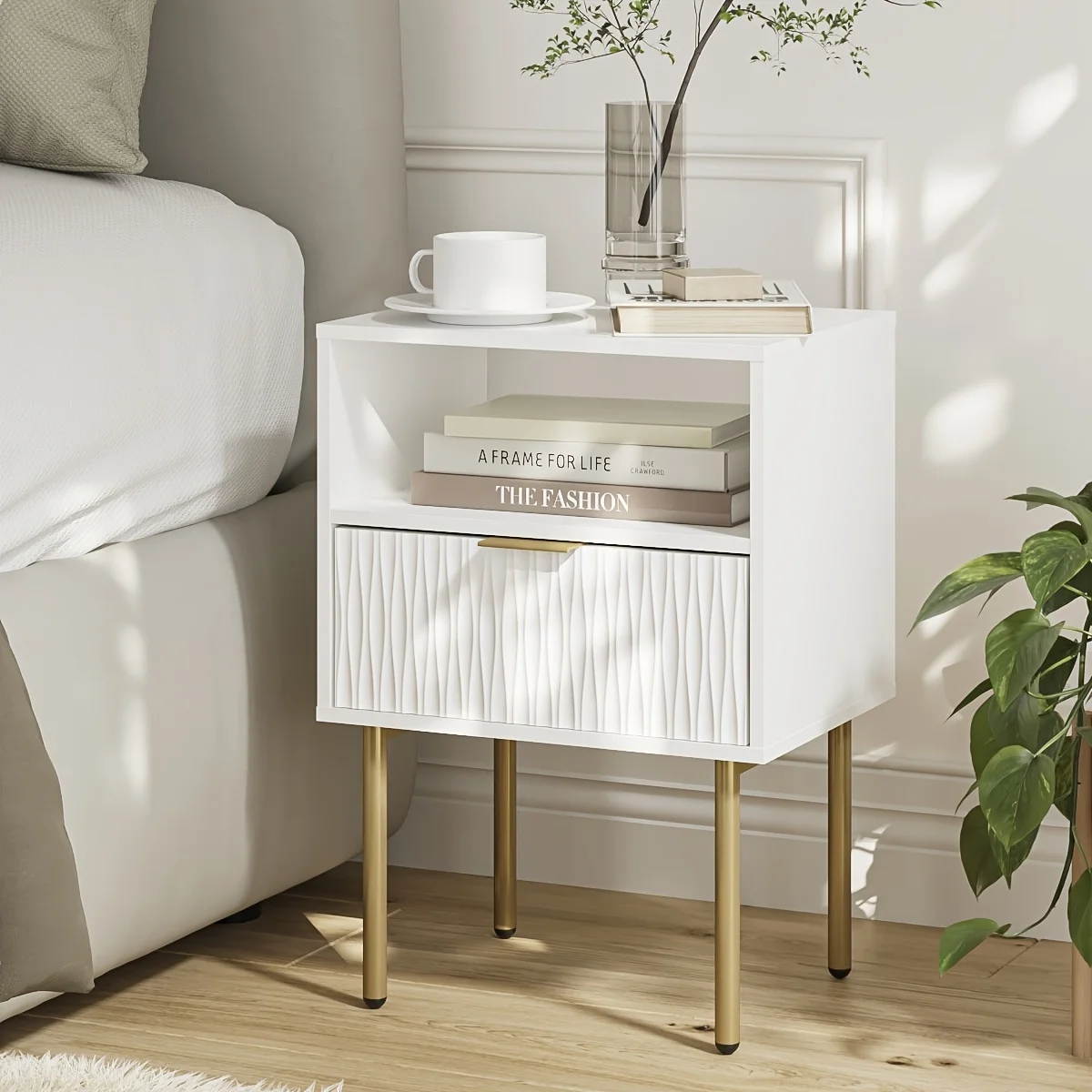 Contemporary Nightstand, Open Storage Side Table, Compact Side Table with Wooden Frame, Bedroom Furniture, Nightstand for Bedroom And Living Room, White Color
Contemporary Nightstand, Open Storage Side Table, Compact Side Table with Wooden Frame, Bedroom Furniture, Nightstand for Bedroom And Living Room, White Color