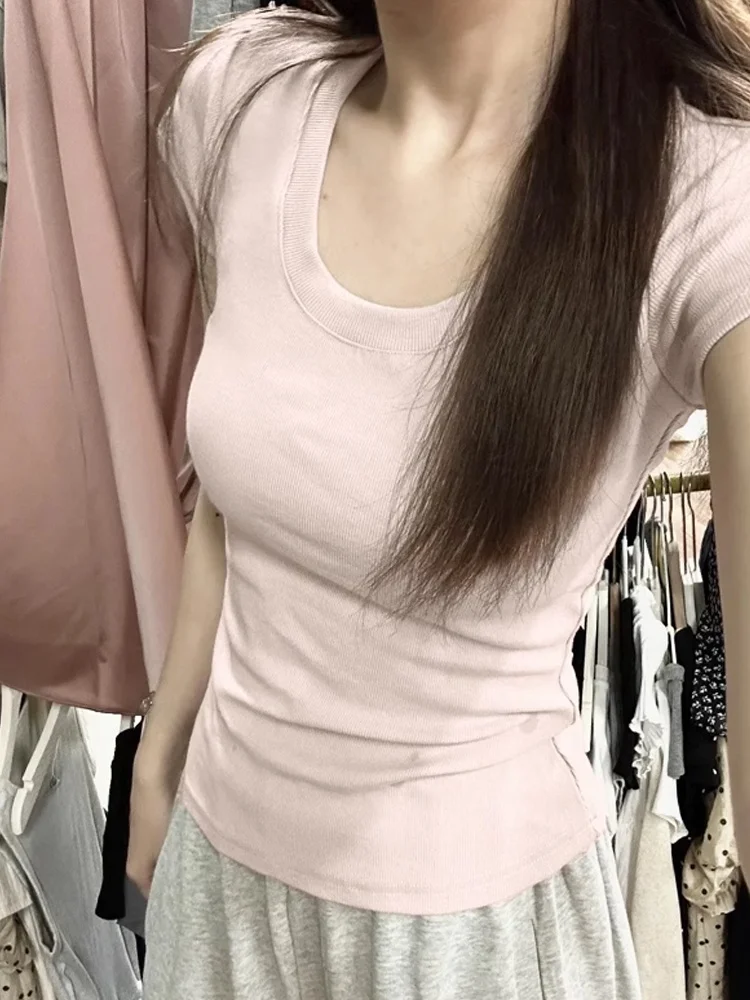 Pure Cotton Short Sleeve U-Neck T-Shirt Women Summer Slim Fit Sweet And Spicy Short Style Top Pink Color Cute Fashion Design
Pure Cotton Short Sleeve U-Neck T-Shirt Women Summer Slim Fit Sweet And Spicy Short Style Top Pink Color Cute Fashion Design