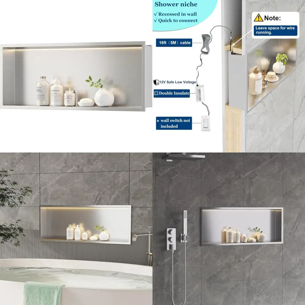 Brushed Stainless Steel Recessed LED Shower Niche, 30x12 inches, Waterproof, 3000K LED Strip, No Tiling Required
Brushed Stainless Steel Recessed LED Shower Niche, 30x12 inches, Waterproof, 3000K LED Strip, No Tiling Required