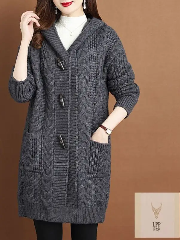 Thickened Knitted Sweater Women's Cardigan Coat with Hat Medium Length plus Size Outerwear Fashionable Autumn Winter Clothes
Thickened Knitted Sweater Women's Cardigan Coat with Hat Medium Length plus Size Outerwear Fashionable Autumn Winter Clothes