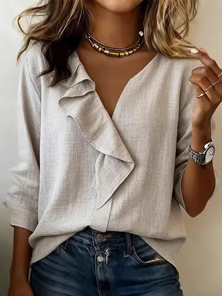 Летние повседневные женские топы и блузки, модные однотонные праздничные топы с рюшами, рубашки с V-образным вырезом и рукавами три четверти, женская одежда
Летние повседневные женские топы и блузки, модные однотонные праздничные топы с рюшами, рубашки с V-образным вырезом и рукавами три четверти, женская одежда