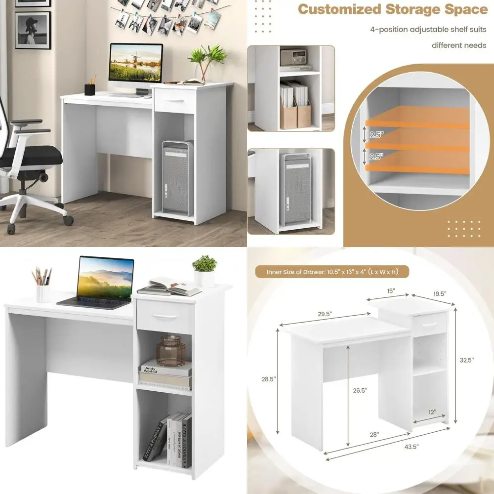 Modern White Computer Desk with Adjustable Shelf, Cable Management, and Drawers for Home Office Use
Modern White Computer Desk with Adjustable Shelf, Cable Management, and Drawers for Home Office Use