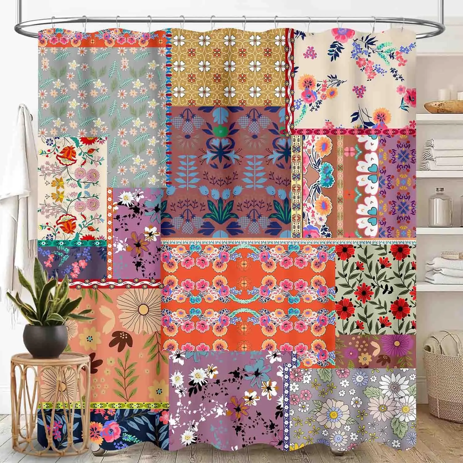 Patchwork Shower Curtain, Vintage Patchwork Boho Floral Flower Bohemian Colorful Spring Retro Pattern Stitching Bohemian
Patchwork Shower Curtain, Vintage Patchwork Boho Floral Flower Bohemian Colorful Spring Retro Pattern Stitching Bohemian