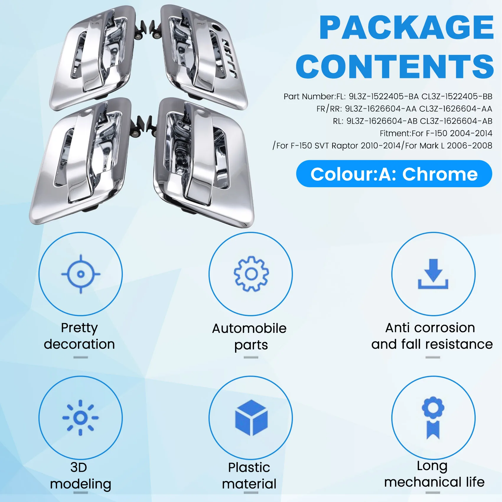 Classy-4 шт. Автомобильная передняя задняя внешняя ручка двери для Ford F-150 2004-2014 Lincoln Mark L 9L3Z-1522405-BA 9L3Z-1626604-AA
Classy-4 шт. Автомобильная передняя задняя внешняя ручка двери для Ford F-150 2004-2014 Lincoln Mark L 9L3Z-1522405-BA 9L3Z-1626604-AA