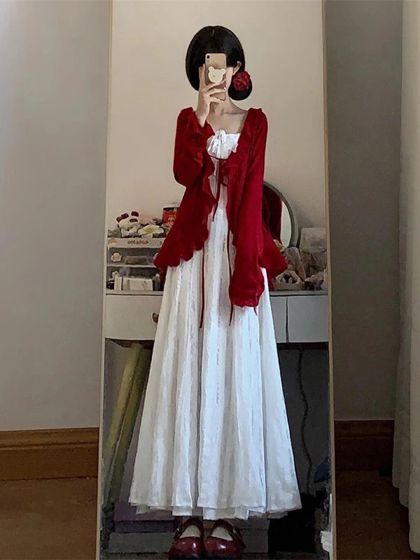 Elegant Ladylike White Gown with Red Knitted Sweater And Shawl College Style Fashion Set Breathable Lightweight V-Neck Open C...
Elegant Ladylike White Gown with Red Knitted Sweater And Shawl College Style Fashion Set Breathable Lightweight V-Neck Open C...