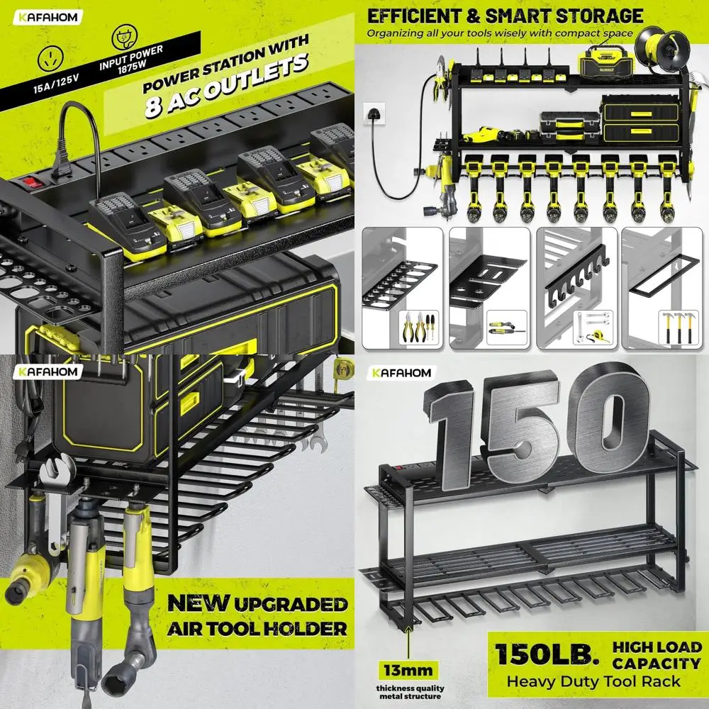Wall-Mounted 8-Outlet Power Strip Tool Organizer with 8 Drill Holders and Storage for Batteries, Screwdrivers, and Hammers
Wall-Mounted 8-Outlet Power Strip Tool Organizer with 8 Drill Holders and Storage for Batteries, Screwdrivers, and Hammers
