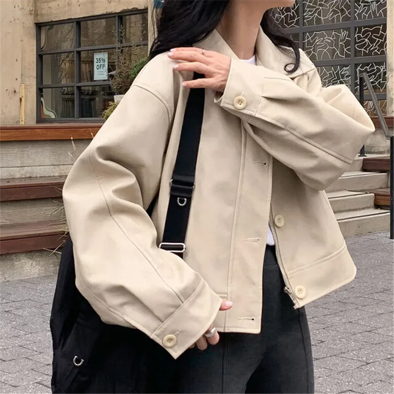 Apricot Brown Women Korean Casual Short Faux Pu Leather Jacket Autumn New Lapel Single-Breasted Long Sleeve Female Biker Jacket
Apricot Brown Women Korean Casual Short Faux Pu Leather Jacket Autumn New Lapel Single-Breasted Long Sleeve Female Biker Jacket