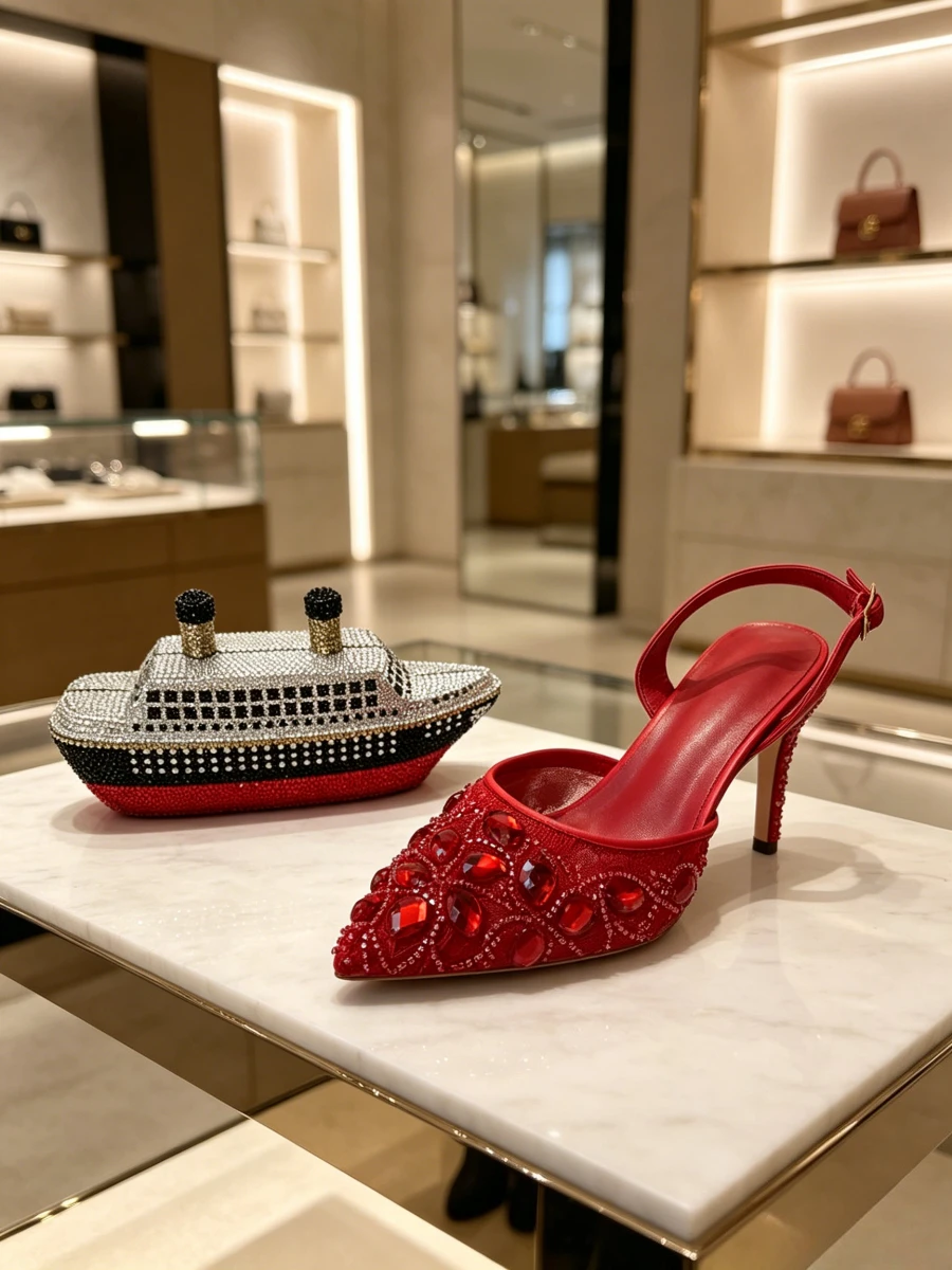 Red Lace Rhinestone Slingback Heels Titanic Ship Shaped Crystal Clutch Bag Set Women Runway Evening Wedding Fashion Dress Shoes
Red Lace Rhinestone Slingback Heels Titanic Ship Shaped Crystal Clutch Bag Set Women Runway Evening Wedding Fashion Dress Shoes