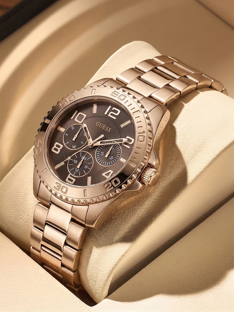 GUESS Ladies Rose Gold Steel Watch Chocolate Brown Dial Textured Bezel Multifunction Quartz Elegant Luxury Party Friend Gift
GUESS Ladies Rose Gold Steel Watch Chocolate Brown Dial Textured Bezel Multifunction Quartz Elegant Luxury Party Friend Gift