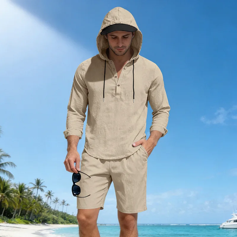 Mens Spring Summer Linen Two Piece Set Hooded Long Sleeve Henley Shirt And Shorts Outfit
Mens Spring Summer Linen Two Piece Set Hooded Long Sleeve Henley Shirt And Shorts Outfit