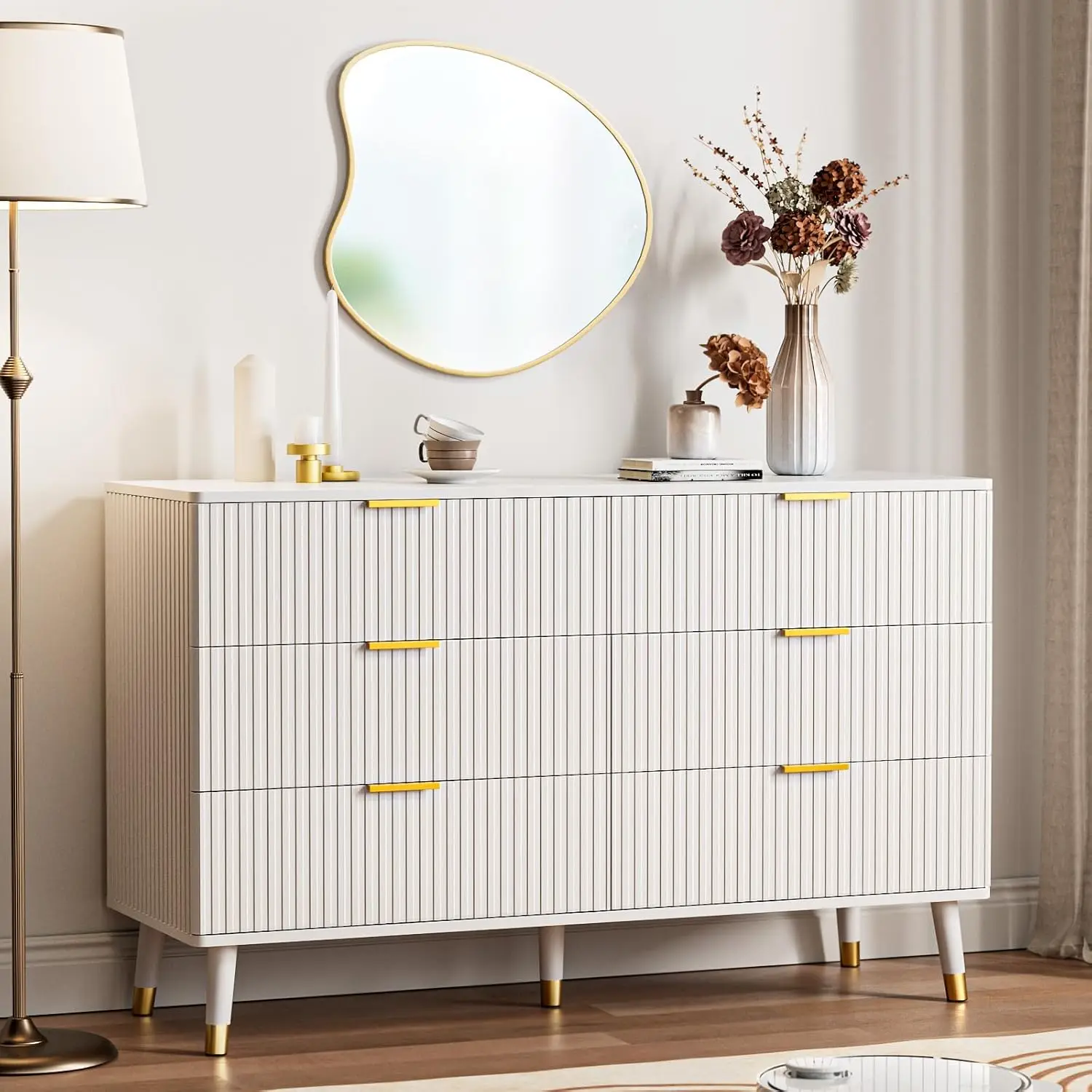 White Bedroom Dresser, 6 Drawer Fluted White&Gold Curved Profile, Gold Handle Dressers&Chests
White Bedroom Dresser, 6 Drawer Fluted White&Gold Curved Profile, Gold Handle Dressers&Chests