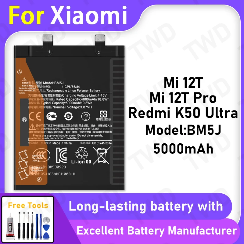 5000mAh BM5J Battery For Xiaomi Mi 12T/Mi 12T Pro/Redmi K50 Ultra Replacement Bateria+Free Tools
5000mAh BM5J Battery For Xiaomi Mi 12T/Mi 12T Pro/Redmi K50 Ultra Replacement Bateria+Free Tools