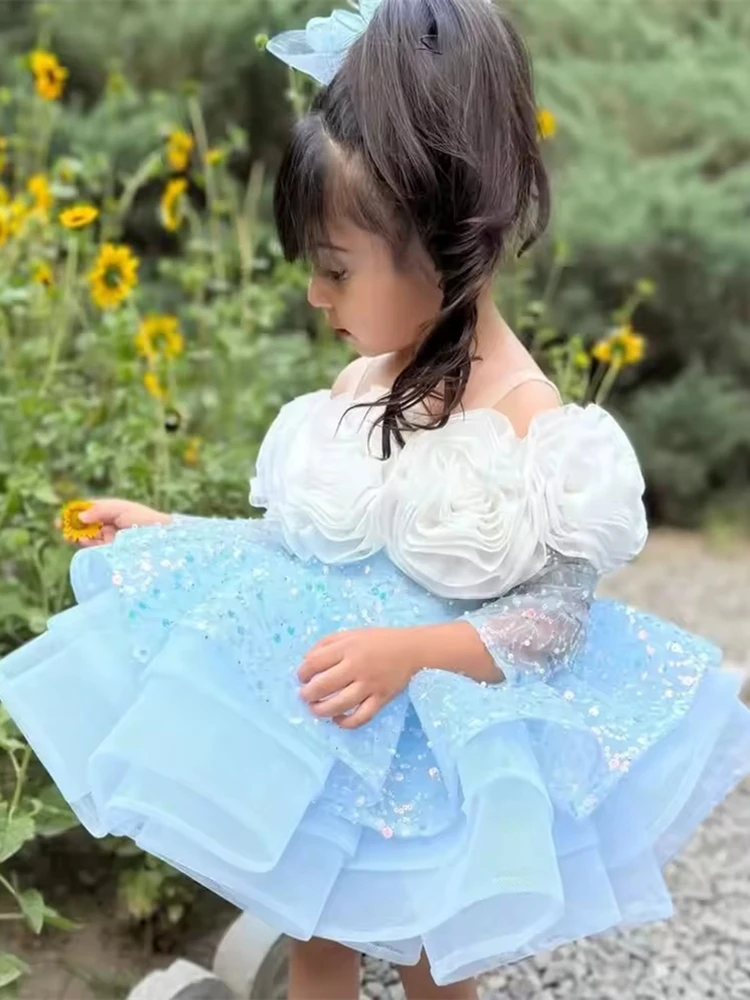 Luxurious Flower Girl Dress Blue Puff Girls Party Dresses for Wedding Puff Sleeves Tulle Kids Christmas Ceremonial Dress 
Luxurious Flower Girl Dress Blue Puff Girls Party Dresses for Wedding Puff Sleeves Tulle Kids Christmas Ceremonial Dress