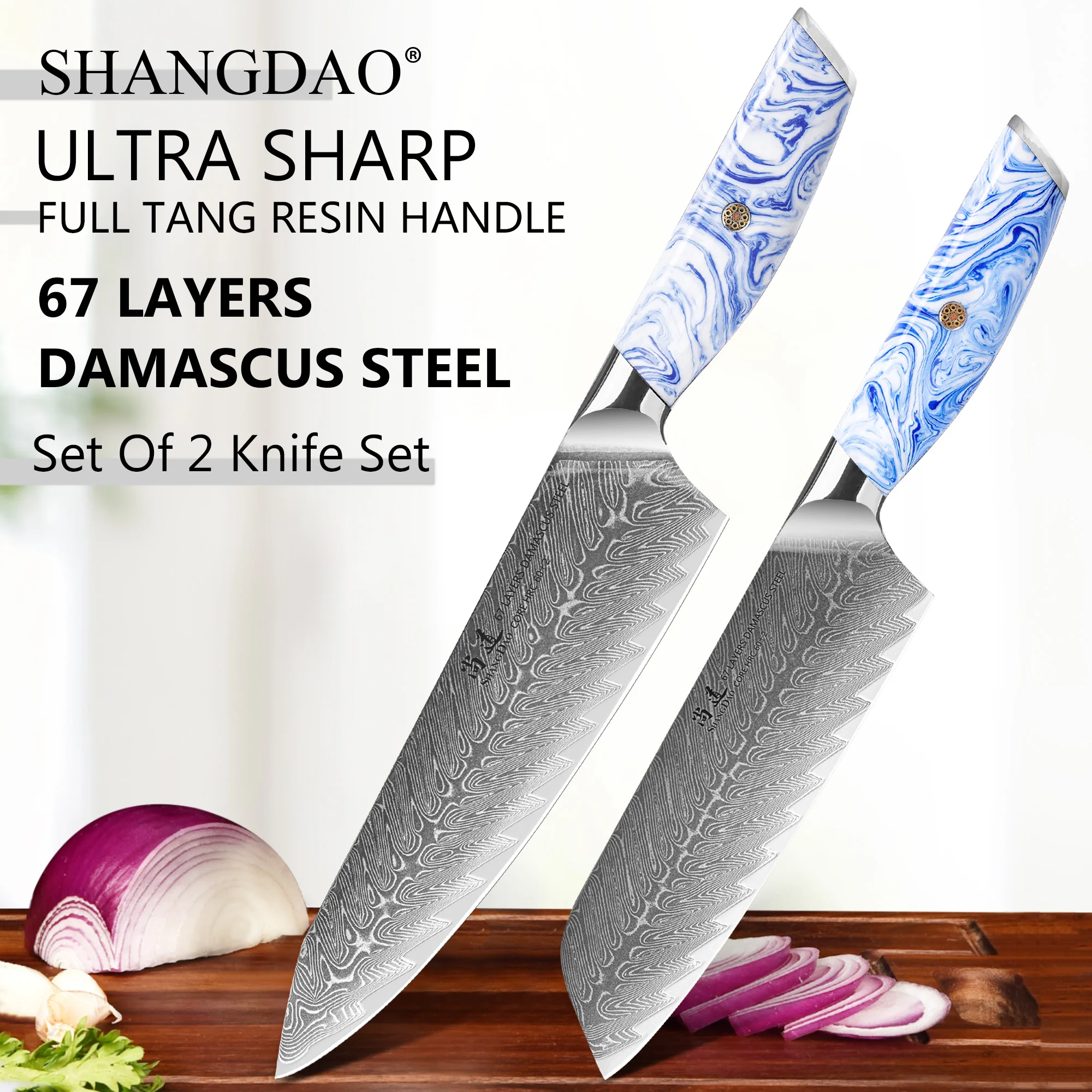 SHANGDAO 2pcs High Quality Kitchen Chef Knife Set, Hand Forged 67 Layer Damascus Steel Cleaver Knives, Comfort Resin Handle
SHANGDAO 2pcs High Quality Kitchen Chef Knife Set, Hand Forged 67 Layer Damascus Steel Cleaver Knives, Comfort Resin Handle