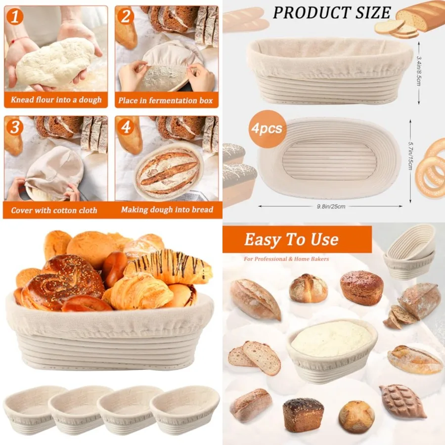Nalcant 4 Pack Oval Banneton Proofing Basket Set 10 Inch, Natural Rattan Sourdough Bread Baskets with Linen Liners, Artisan Dou
Nalcant 4 Pack Oval Banneton Proofing Basket Set 10 Inch, Natural Rattan Sourdough Bread Baskets with Linen Liners, Artisan Dou