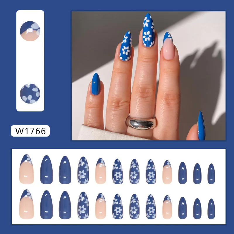 24Pcs Long Almond Press on Nails - Sky Blue Solid Color with White Print Design | Detachable Fake Nails 
24Pcs Long Almond Press on Nails - Sky Blue Solid Color with White Print Design | Detachable Fake Nails