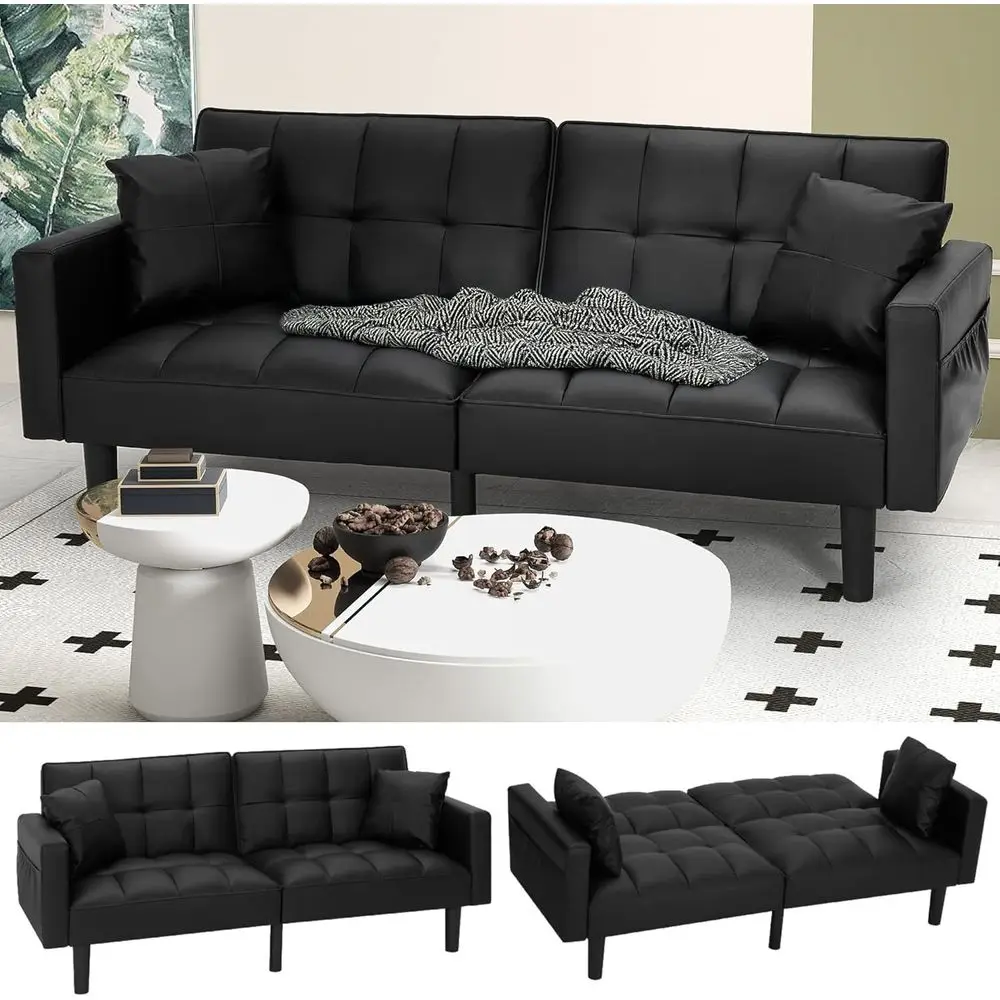 74 Adjustable Backrest Leather Sofa Bed with 2 Pillows and Side Pockets, Ideal for Living Room or Bedroom, Black
74 Adjustable Backrest Leather Sofa Bed with 2 Pillows and Side Pockets, Ideal for Living Room or Bedroom, Black