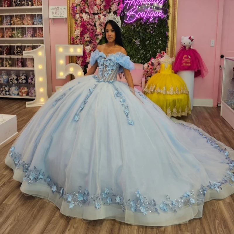 Sky Blue Shiny Quinceanera Dresses Off The Shoulder Applique Flower Beads Tull Ball Gown Vestidos De 15 Anos Sweet 16 Dress 
Sky Blue Shiny Quinceanera Dresses Off The Shoulder Applique Flower Beads Tull Ball Gown Vestidos De 15 Anos Sweet 16 Dress