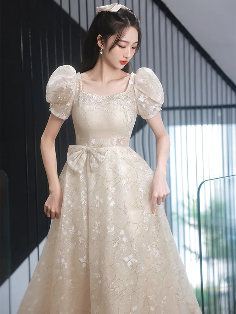 Women Luxury Banquet Evening Dress French Style Pearl Square Collar Shiny Ball Gown Engagement Birthday Party Formal Dresses 
Women Luxury Banquet Evening Dress French Style Pearl Square Collar Shiny Ball Gown Engagement Birthday Party Formal Dresses