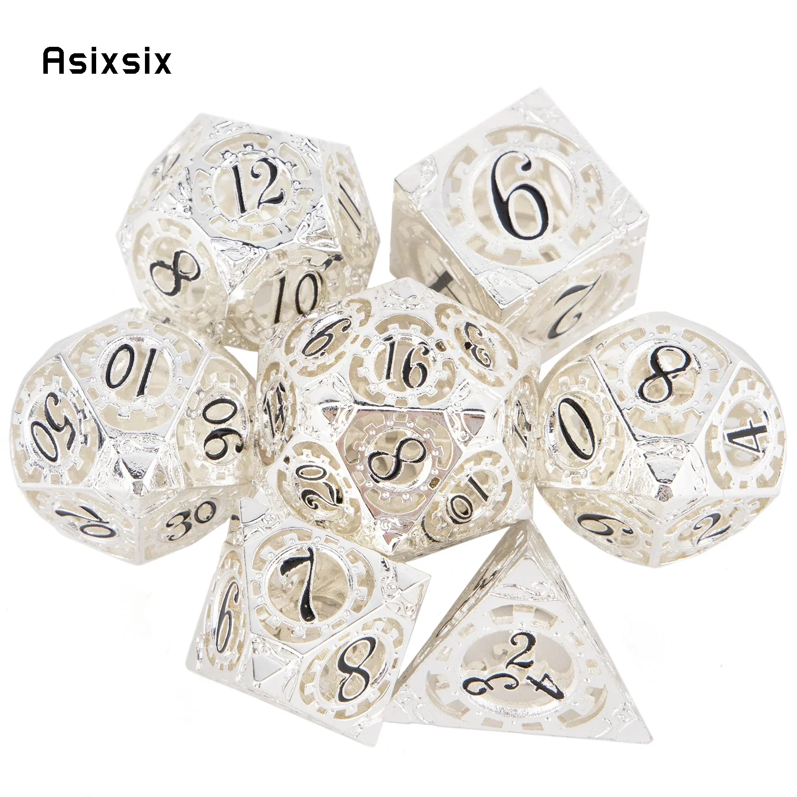 7 Pcs White Black Gear Wheel Metal Dice Hollow Metal Polyhedral Dice Set Suitable for Role-Playing RPG Board Game Gift
7 Pcs White Black Gear Wheel Metal Dice Hollow Metal Polyhedral Dice Set Suitable for Role-Playing RPG Board Game Gift