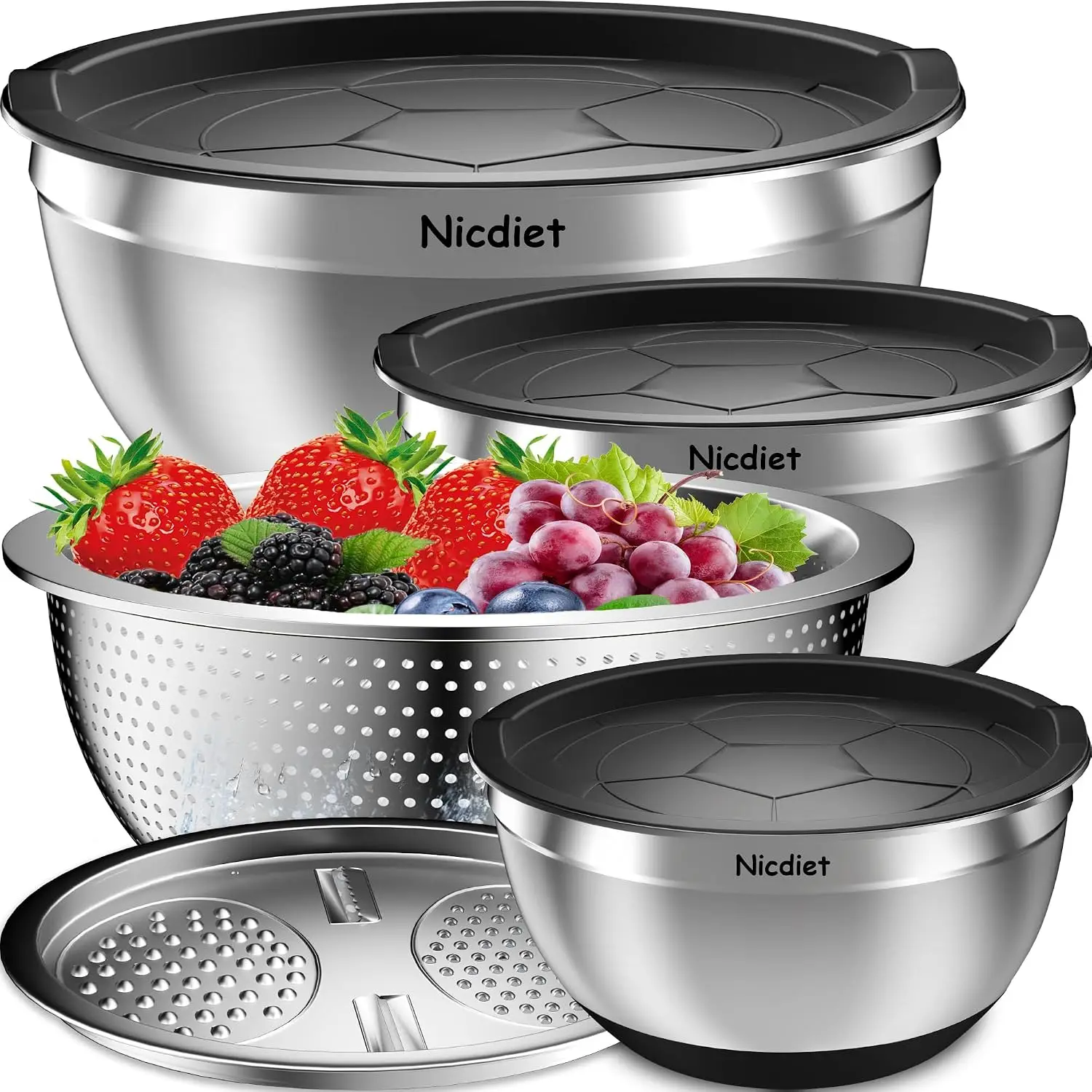 Mixing bowl with sealing lid, stainless steel mixing bowl set with 3 nested kitchen metal bowls, colander and grater, non-slip bottom, perfect for mixing and serving, black
Mixing bowl with sealing lid, stainless steel mixing bowl set with 3 nested kitchen metal bowls, colander and grater, non-slip bottom, perfect for mixing and serving, black