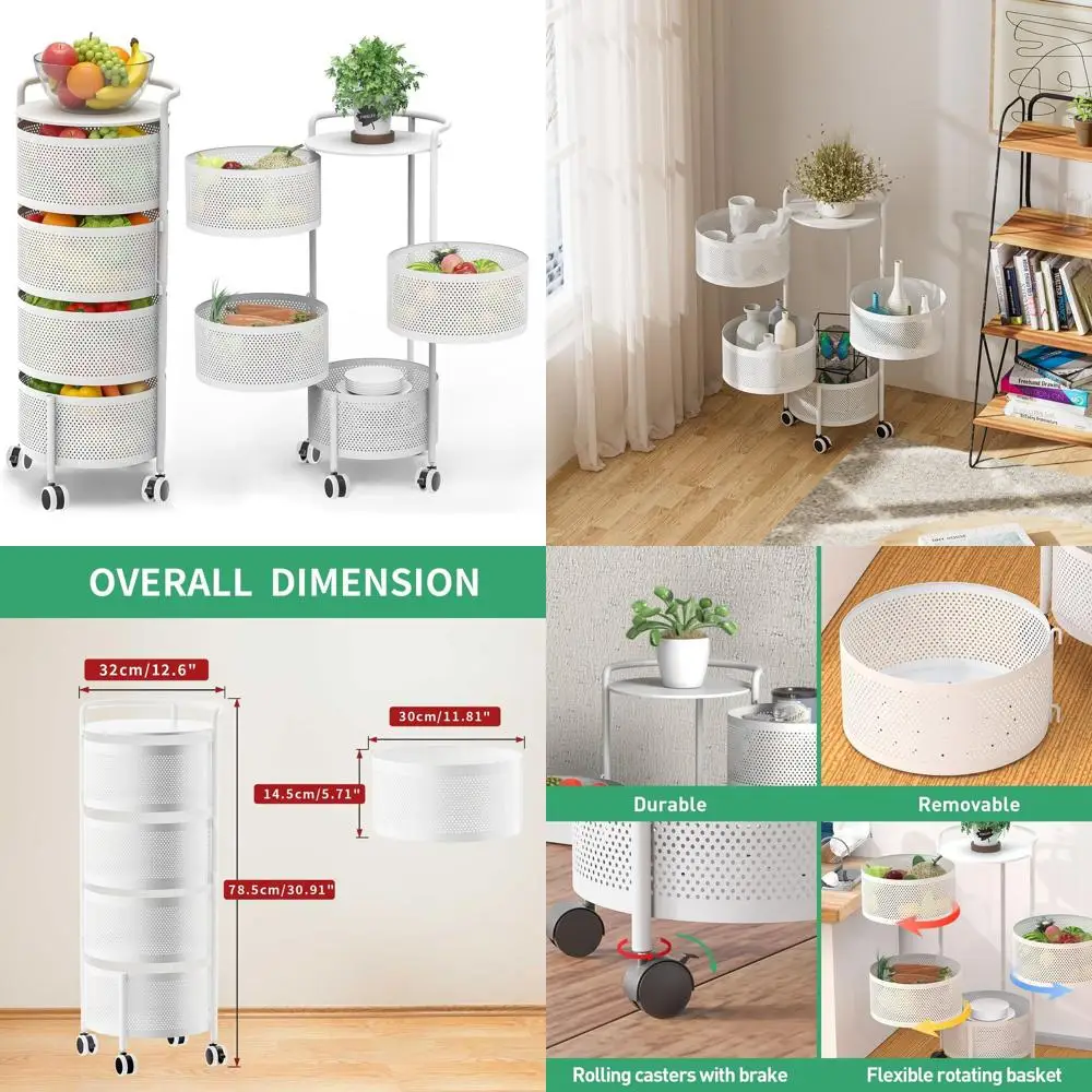 4-уровневая круглая тележка на колесиках для кухни, белая, вмещает фрукты, овощи, продукты
4-уровневая круглая тележка на колесиках для кухни, белая, вмещает фрукты, овощи, продукты
