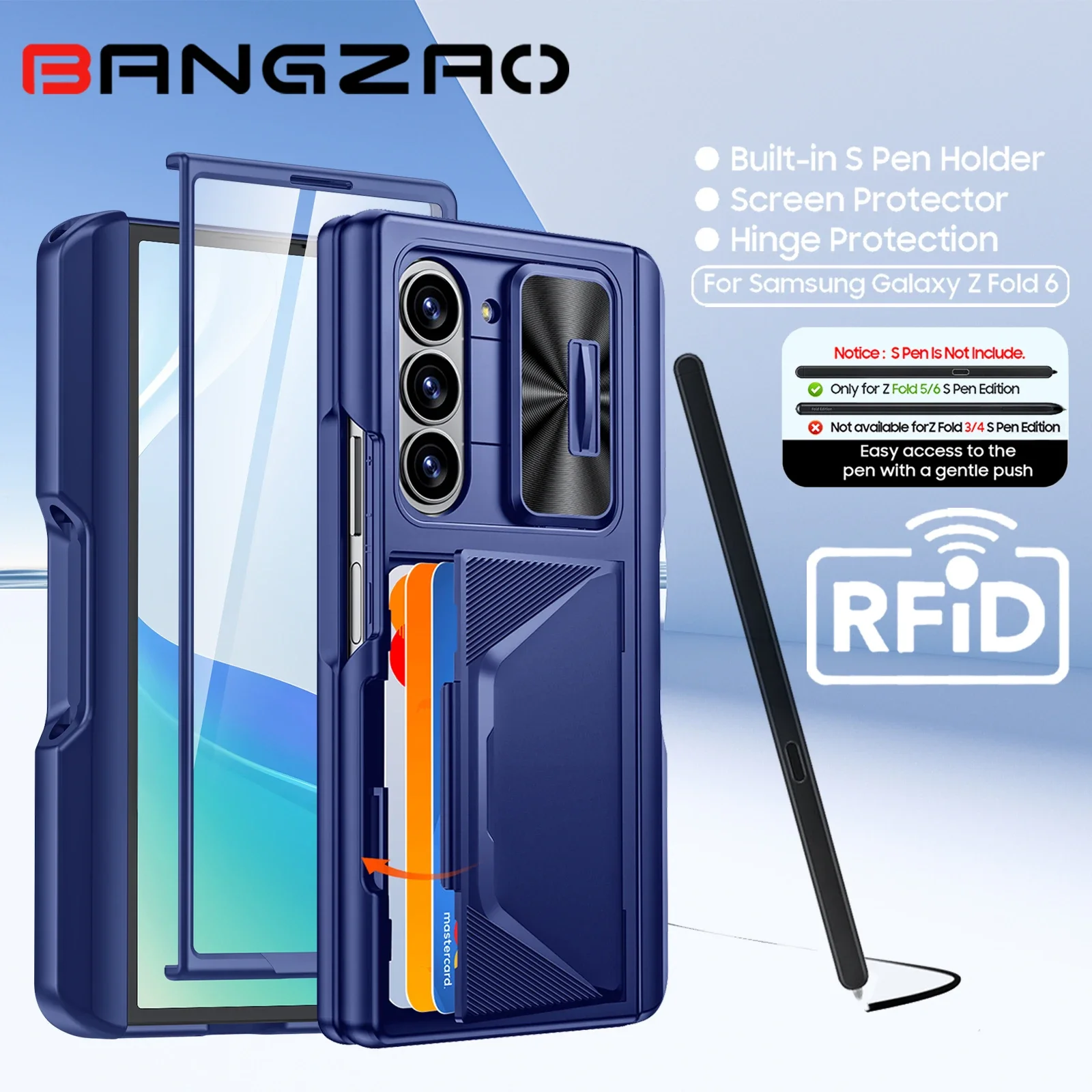 Чехол для Galaxy Z Fold 6, RFID-кошелек с держателем для карт, держатель для S-ручки, чехол для камеры, противоударный силиконовый защитный чехол-синий
Чехол для Galaxy Z Fold 6, RFID-кошелек с держателем для карт, держатель для S-ручки, чехол для камеры, противоударный силиконовый защитный чехол-синий