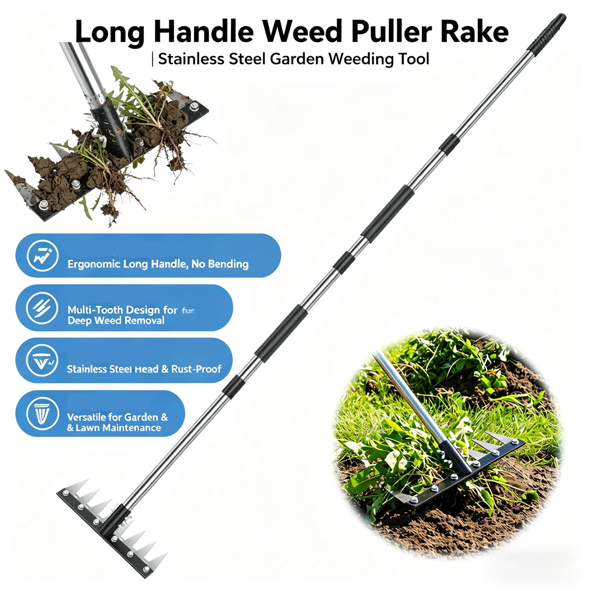 Manual Weeding Rake Tool with 8 Sharp Manganese Steel Teeth 59" Adjustable Stainless Steel Handle for Lawn Garden Soil Loosener
Manual Weeding Rake Tool with 8 Sharp Manganese Steel Teeth 59" Adjustable Stainless Steel Handle for Lawn Garden Soil Loosener